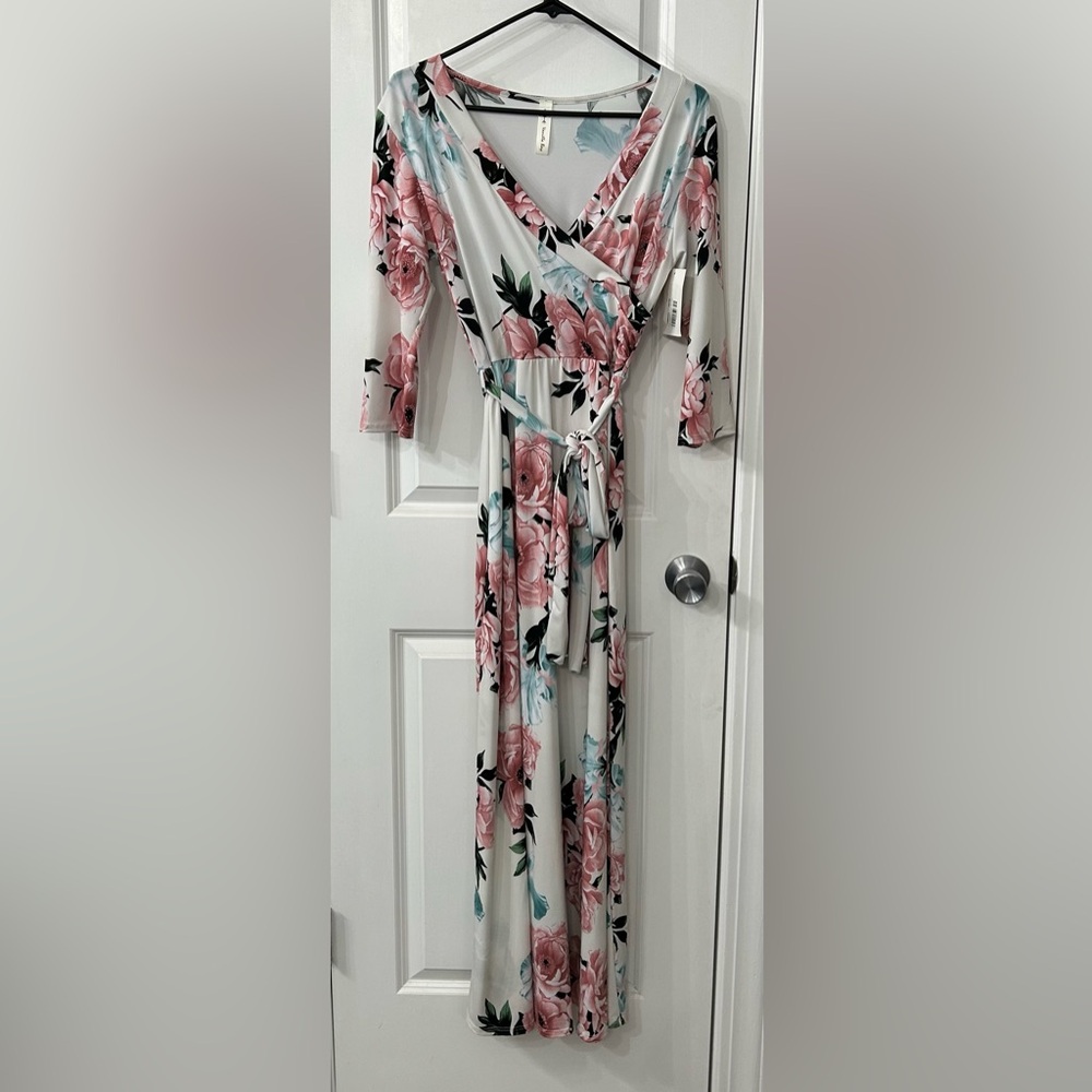 Floral Maxi Dress with Pink and Green Roses